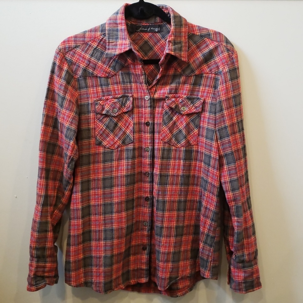 Orange and green plaid button down shirt size XS